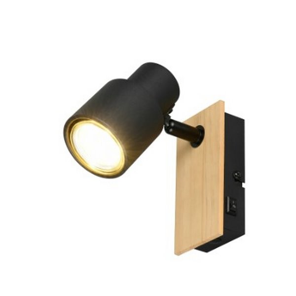 Spot mural ou plafonnier PIERRE avec interrupteur intégré ampoule excl. 1x GU10 max. 10W IP20 Noir et bois
