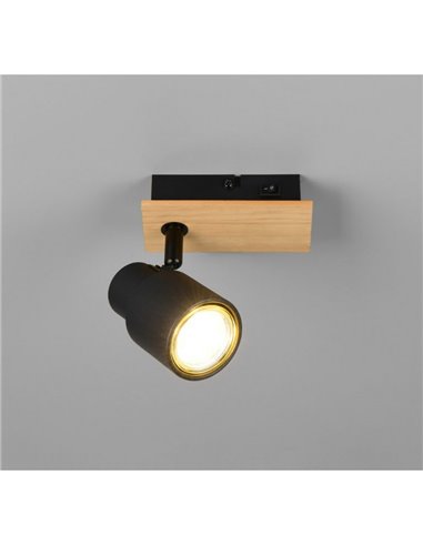 Foco de pared o de techo PIERRE con interruptor integrado bombilla excl. 1x GU10 max. 10W IP20 Negro y madera