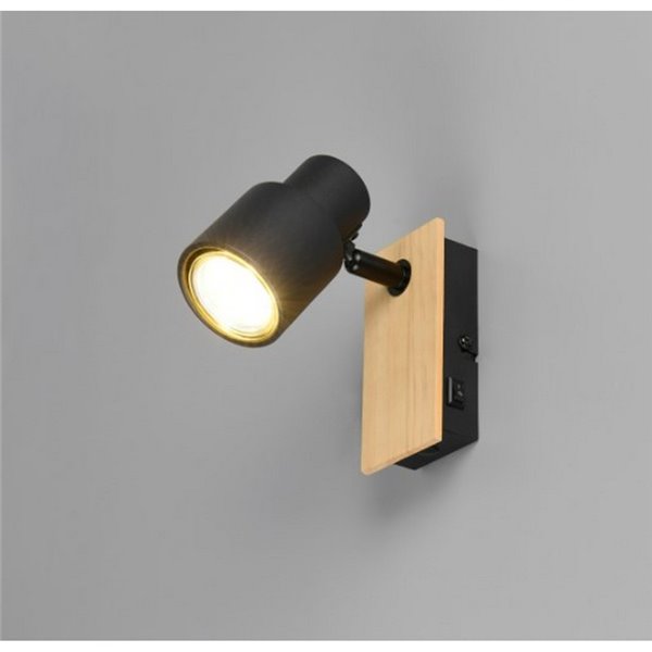 Foco de pared o de techo PIERRE con interruptor integrado bombilla excl. 1x GU10 max. 10W IP20 Negro y madera