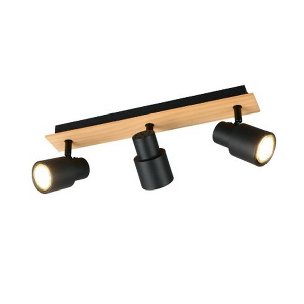 Barrette de 3 spots de plafond PIERRE orientables avec détail bois et ampoule excl. 3x GU10 max. 10W IP20 Noir