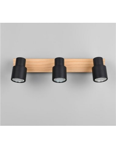 Regleta de 3 focos de techo orientables PIERRE detalle madera y bombilla excl. 3x GU10 max. 10W IP20 Negro