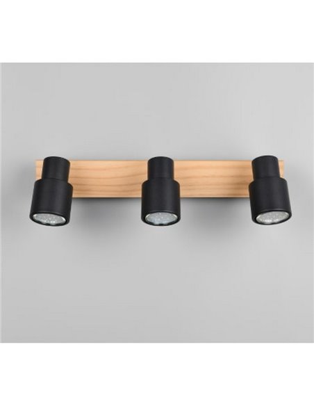Regleta de 3 focos de techo orientables PIERRE detalle madera y bombilla excl. 3x GU10 max. 10W IP20 Negro