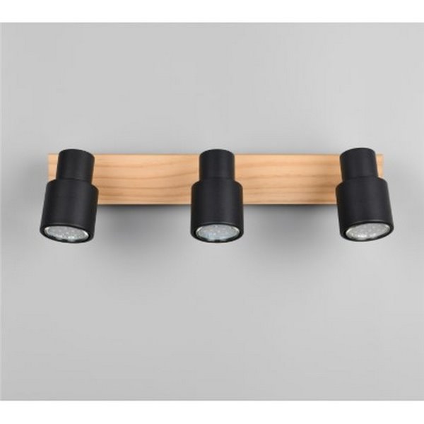 Barrette de 3 spots de plafond PIERRE orientables avec détail bois et ampoule excl. 3x GU10 max. 10W IP20 Noir