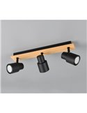 Barrette de 3 spots de plafond PIERRE orientables avec détail bois et ampoule excl. 3x GU10 max. 10W IP20 Noir