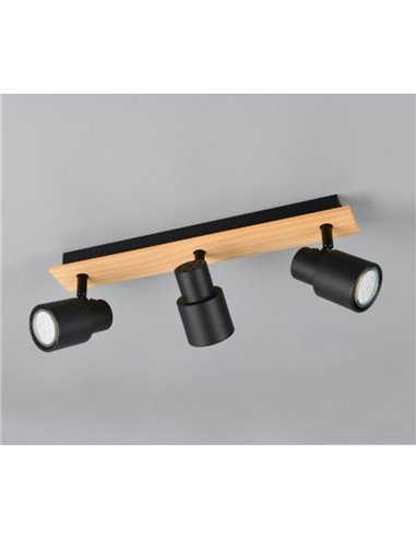 Regleta de 3 focos de techo orientables PIERRE detalle madera y bombilla excl. 3x GU10 max. 10W IP20 Negro