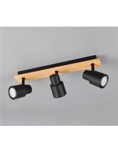 Barrette de 3 spots de plafond PIERRE orientables avec détail bois et ampoule excl. 3x GU10 max. 10W IP20 Noir