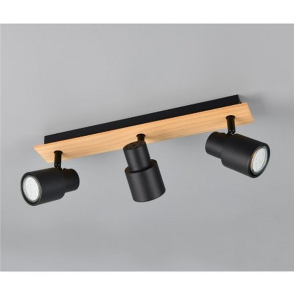 Barrette de 3 spots de plafond PIERRE orientables avec détail bois et ampoule excl. 3x GU10 max. 10W IP20 Noir