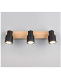 Regleta de 3 focos de techo orientables PIERRE detalle madera y bombilla excl. 3x GU10 max. 10W IP20 Negro