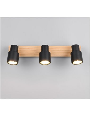 Barrette de 3 spots de plafond PIERRE orientables avec détail bois et ampoule excl. 3x GU10 max. 10W IP20 Noir