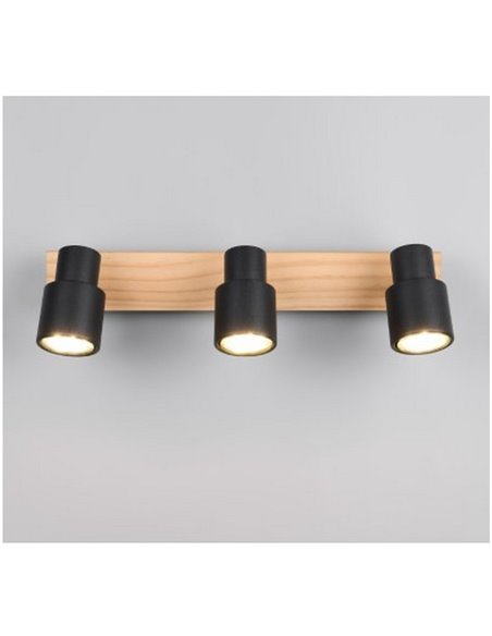 Regleta de 3 focos de techo orientables PIERRE detalle madera y bombilla excl. 3x GU10 max. 10W IP20 Negro