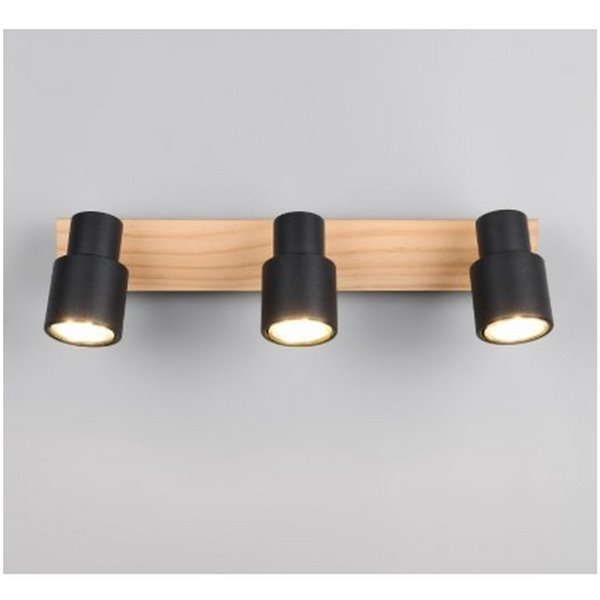 Barrette de 3 spots de plafond PIERRE orientables avec détail bois et ampoule excl. 3x GU10 max. 10W IP20 Noir