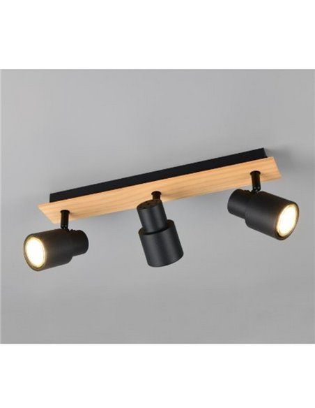 Regleta de 3 focos de techo orientables PIERRE detalle madera y bombilla excl. 3x GU10 max. 10W IP20 Negro