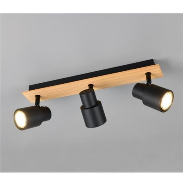 Barrette de 3 spots de plafond PIERRE orientables avec détail bois et ampoule excl. 3x GU10 max. 10W IP20 Noir