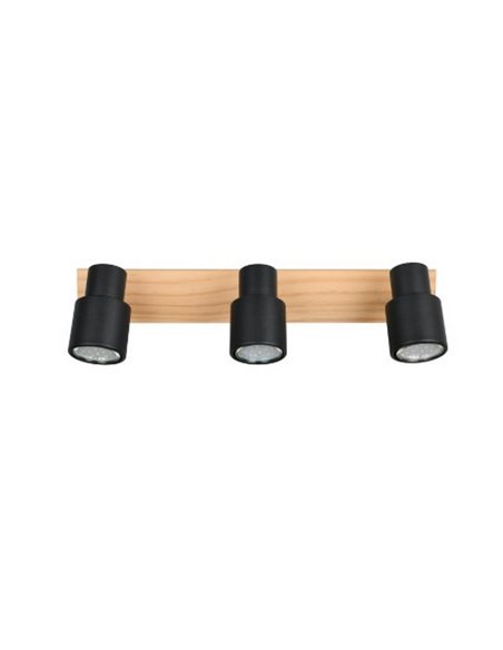 Regleta de 3 focos de techo orientables PIERRE detalle madera y bombilla excl. 3x GU10 max. 10W IP20 Negro