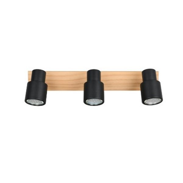 Barrette de 3 spots de plafond PIERRE orientables avec détail bois et ampoule excl. 3x GU10 max. 10W IP20 Noir