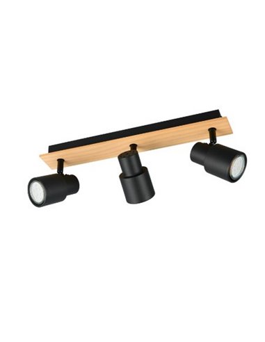 Regleta de 3 focos de techo orientables PIERRE detalle madera y bombilla excl. 3x GU10 max. 10W IP20 Negro