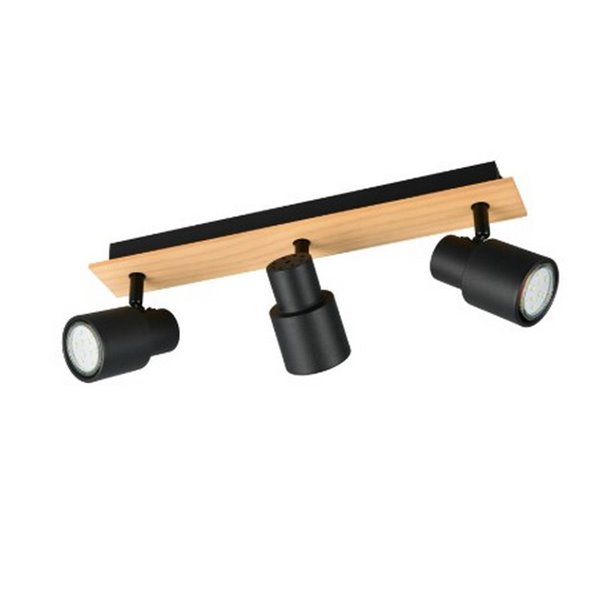 Barrette de 3 spots de plafond PIERRE orientables avec détail bois et ampoule excl. 3x GU10 max. 10W IP20 Noir
