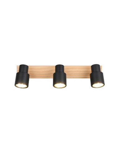 Regleta de 3 focos de techo orientables PIERRE detalle madera y bombilla excl. 3x GU10 max. 10W IP20 Negro