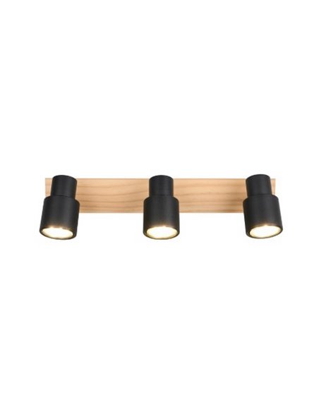 Barrette de 3 spots de plafond PIERRE orientables avec détail bois et ampoule excl. 3x GU10 max. 10W IP20 Noir