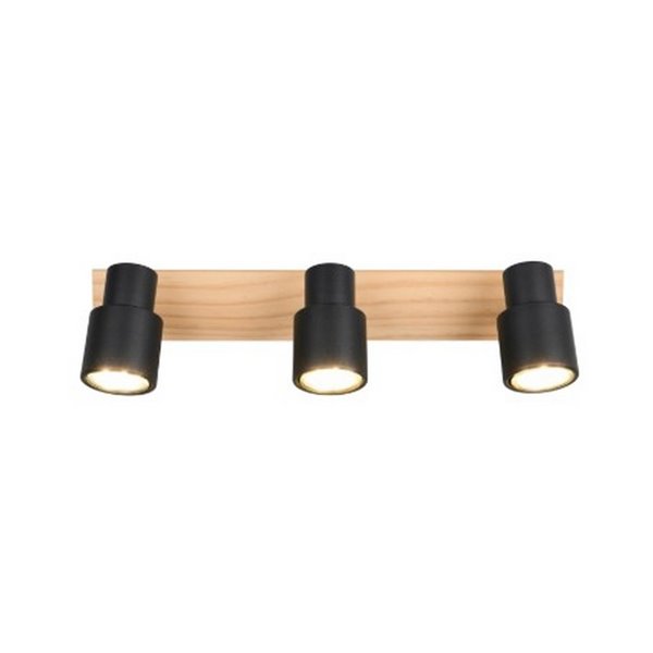 Barrette de 3 spots de plafond PIERRE orientables avec détail bois et ampoule excl. 3x GU10 max. 10W IP20 Noir