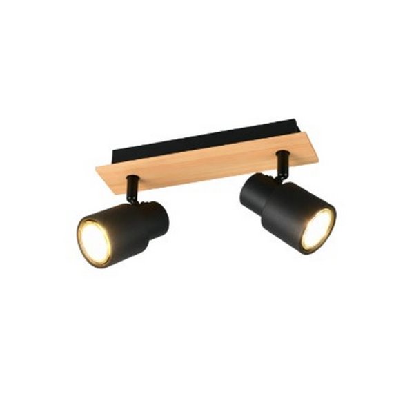 Barrette de 2 spots de plafond PIERRE orientables avec détail bois et ampoule excl. 2x GU10 max. 10W IP20 Noir