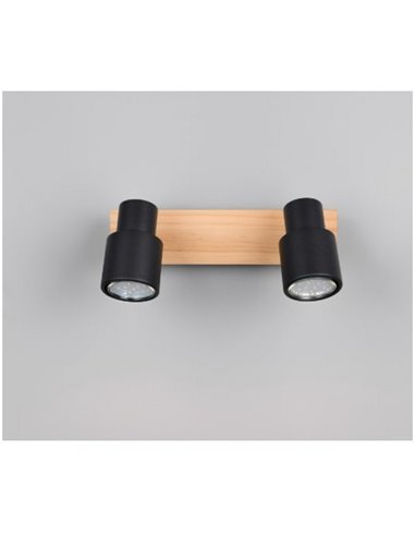 Faixa de 2 holofotes de teto PIERRE ajustáveis com detalhes em madeira e lâmpada, excl. 2x GU10 máx. 10W IP20 Preto