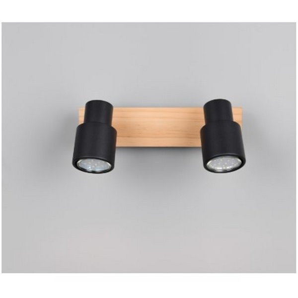 Barrette de 2 spots de plafond PIERRE orientables avec détail bois et ampoule excl. 2x GU10 max. 10W IP20 Noir
