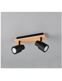 Regleta de 2 focos de techo PIERRE orientables detalle madera y bombilla excl. 2x GU10 max. 10W IP20 Negro
