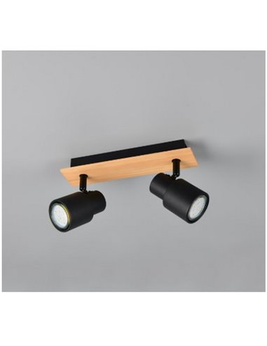 Regleta de 2 focos de techo PIERRE orientables detalle madera y bombilla excl. 2x GU10 max. 10W IP20 Negro