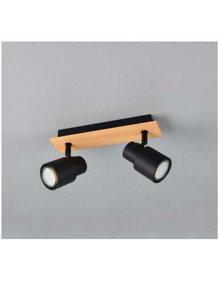 Regleta de 2 focos de techo PIERRE orientables detalle madera y bombilla excl. 2x GU10 max. 10W IP20 Negro