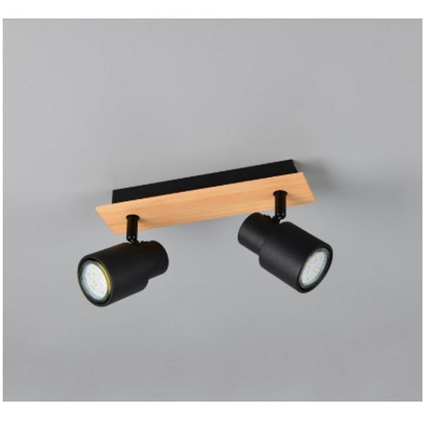 Barrette de 2 spots de plafond PIERRE orientables avec détail bois et ampoule excl. 2x GU10 max. 10W IP20 Noir