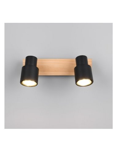 Barrette de 2 spots de plafond PIERRE orientables avec détail bois et ampoule excl. 2x GU10 max. 10W IP20 Noir