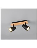 Barrette de 2 spots de plafond PIERRE orientables avec détail bois et ampoule excl. 2x GU10 max. 10W IP20 Noir