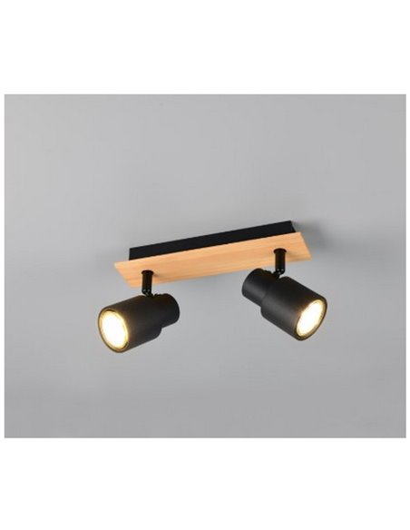 Regleta de 2 focos de techo PIERRE orientables detalle madera y bombilla excl. 2x GU10 max. 10W IP20 Negro