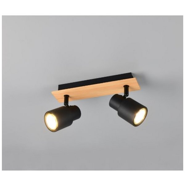 Barrette de 2 spots de plafond PIERRE orientables avec détail bois et ampoule excl. 2x GU10 max. 10W IP20 Noir