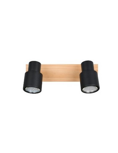 Regleta de 2 focos de techo PIERRE orientables detalle madera y bombilla excl. 2x GU10 max. 10W IP20 Negro