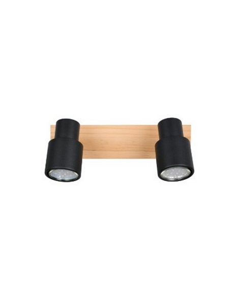 Regleta de 2 focos de techo PIERRE orientables detalle madera y bombilla excl. 2x GU10 max. 10W IP20 Negro