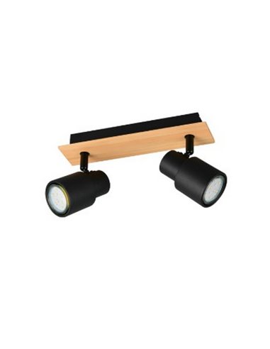 Barrette de 2 spots de plafond PIERRE orientables avec détail bois et ampoule excl. 2x GU10 max. 10W IP20 Noir