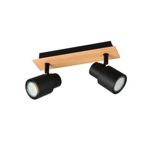 Barrette de 2 spots de plafond PIERRE orientables avec détail bois et ampoule excl. 2x GU10 max. 10W IP20 Noir