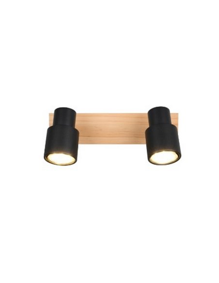 Regleta de 2 focos de techo PIERRE orientables detalle madera y bombilla excl. 2x GU10 max. 10W IP20 Negro