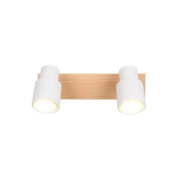 Barrette de 2 spots de plafond orientables PIERRE avec détail bois et ampoule excl. 2x GU10 max. 10W IP20 Blanc