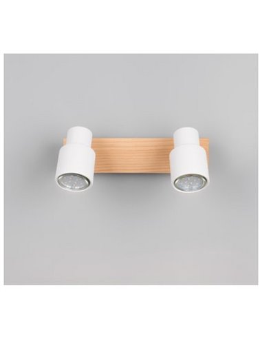 Regleta de 2 focos de techo orientables PIERRE detalle madera y bombilla excl. 2x GU10 max. 10W IP20 Blanco