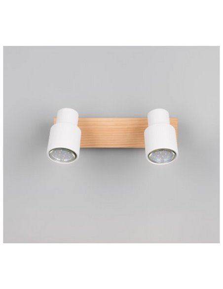Barrette de 2 spots de plafond orientables PIERRE avec détail bois et ampoule excl. 2x GU10 max. 10W IP20 Blanc