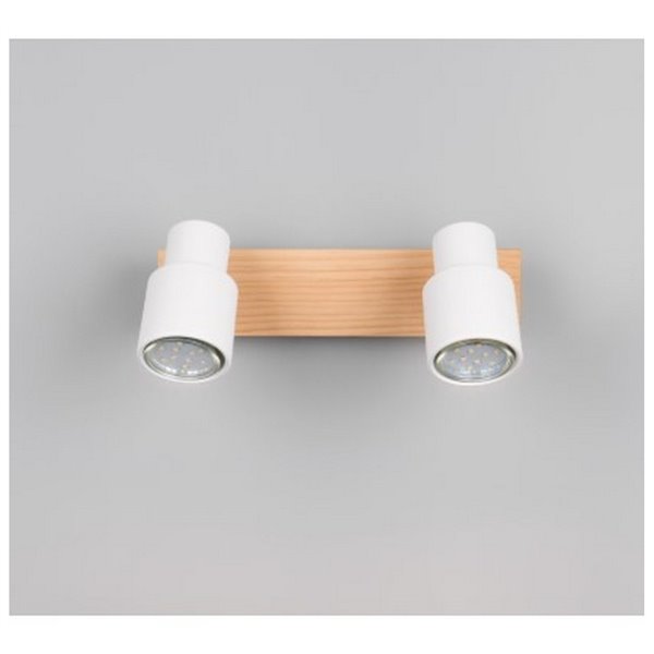 Barrette de 2 spots de plafond orientables PIERRE avec détail bois et ampoule excl. 2x GU10 max. 10W IP20 Blanc