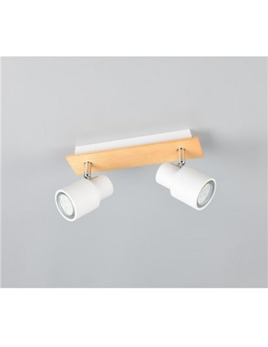 Regleta de 2 focos de techo orientables PIERRE detalle madera y bombilla excl. 2x GU10 max. 10W IP20 Blanco