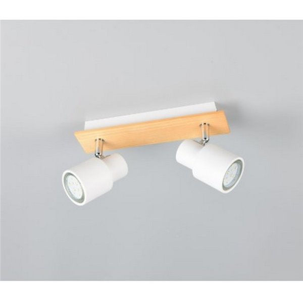 Barrette de 2 spots de plafond orientables PIERRE avec détail bois et ampoule excl. 2x GU10 max. 10W IP20 Blanc