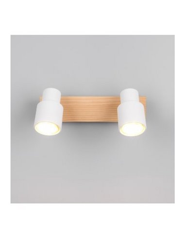 Regleta de 2 focos de techo orientables PIERRE detalle madera y bombilla excl. 2x GU10 max. 10W IP20 Blanco
