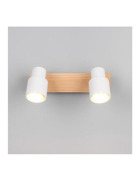 Regleta de 2 focos de techo orientables PIERRE detalle madera y bombilla excl. 2x GU10 max. 10W IP20 Blanco