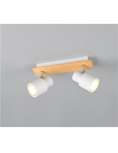 Regleta de 2 focos de techo orientables PIERRE detalle madera y bombilla excl. 2x GU10 max. 10W IP20 Blanco