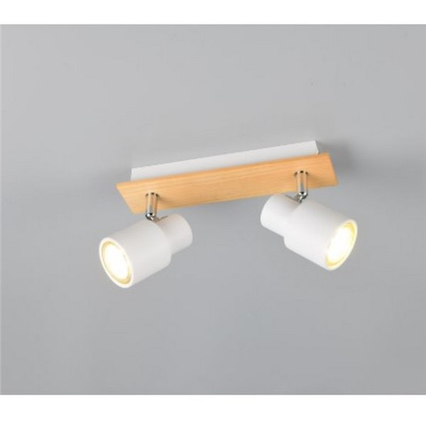Barrette de 2 spots de plafond orientables PIERRE avec détail bois et ampoule excl. 2x GU10 max. 10W IP20 Blanc